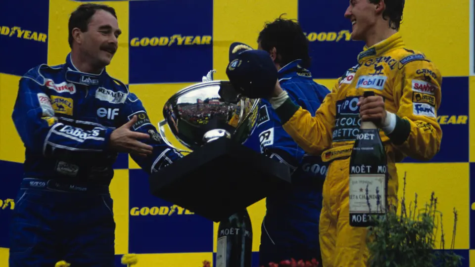 Belgium Grand Prix  Spa-Francorchamps, Belgium 1992
Podium Michael Schumacher Benetton-Ford B192 wins the race Nigel Mansell Williams FW14B is 2nd and Riccardo Patrese Williams FW14B is 3rd
© Formula One Pictures / Picture by John Townsend. Office tele (+36)26 322 826 mobile (+36) 70 776 9682. UK Mobile +44 7747 862606 www.f1pictures.com.
Vat Number 221 9053 92
 
 
 