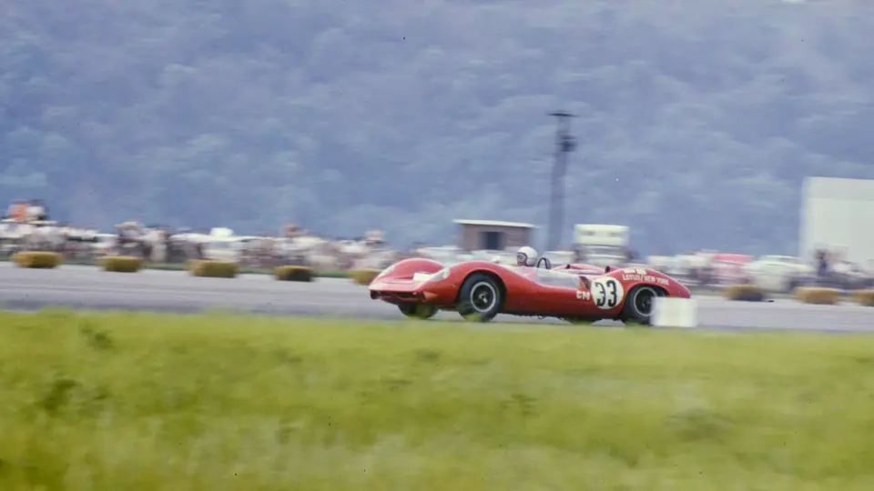 Newton Davis flies down the straight during the May 1965 SCCA National Championship meeting at Cumberland Airfield.