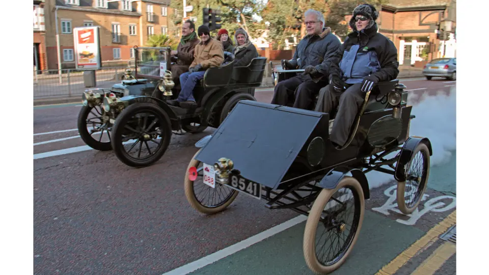 The Milwaukee Steam Racer makes progress as it is pictured participating in the 2013 London to Brighton Veteran Car Run.