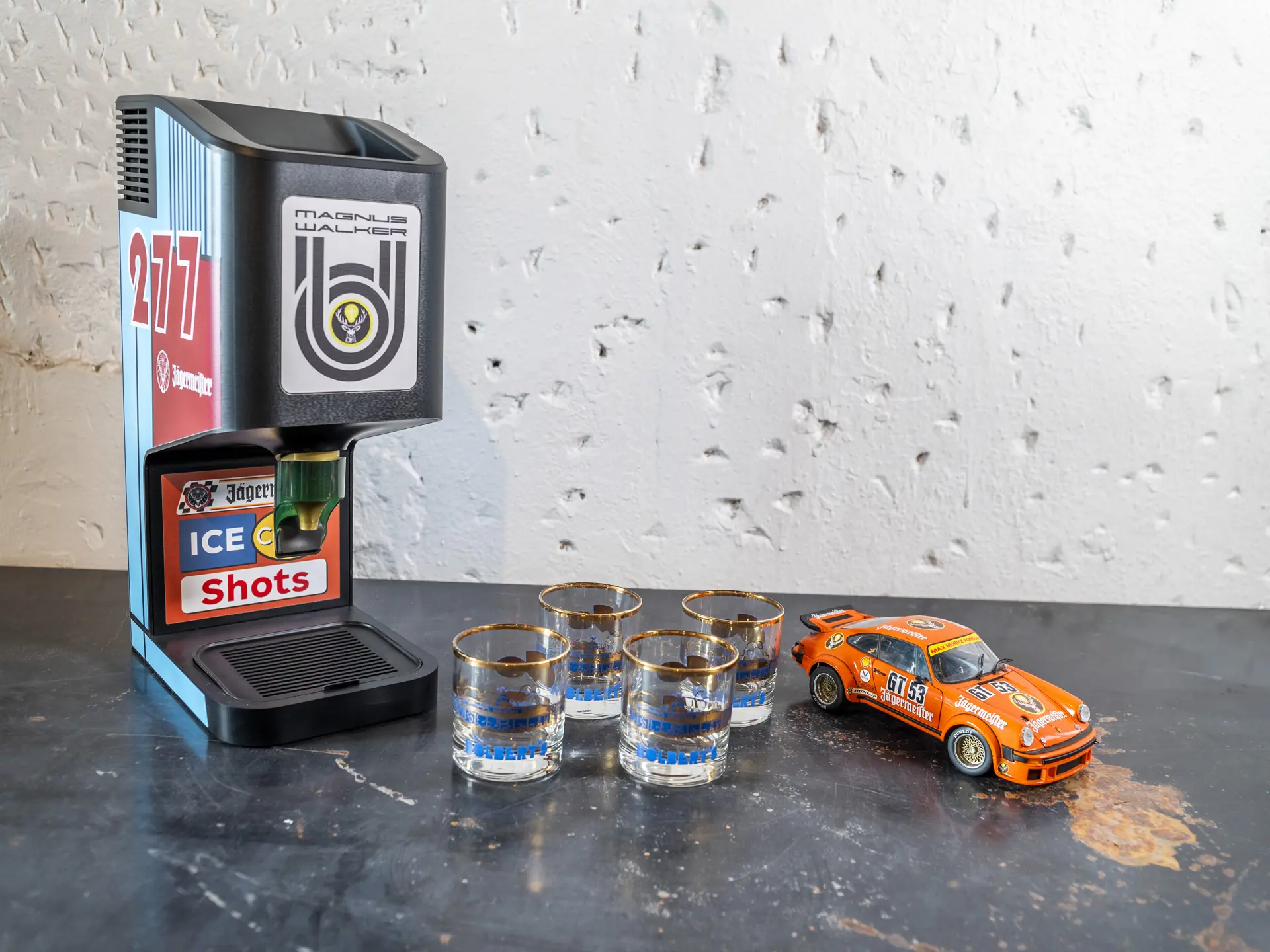 Jägermeister Shot Chiller, Holbert's Rocks Glasses, and Porsche