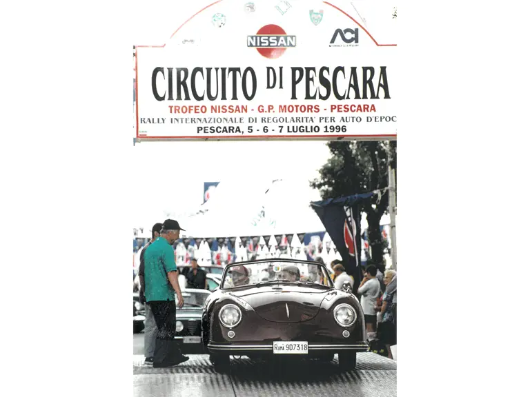 Following its restoration, this Porsche 356 Pre-A 1500 Cabriolet takes part in the 1996 Circuito di Pescara Rallye.