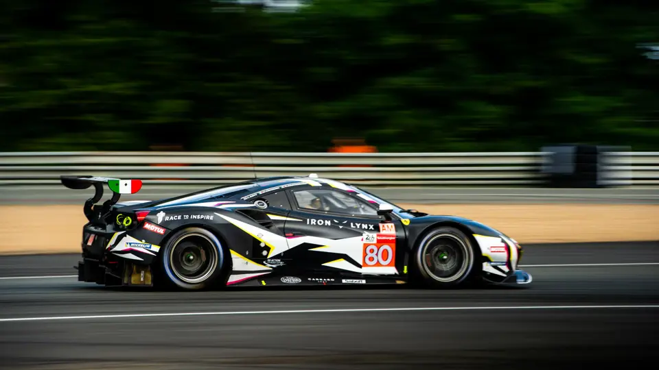 Finishing 3rd in Class, the Callum, Matteo, and Rino Ferrari 488 GTE Evo roars down La Sarthe Circuit.