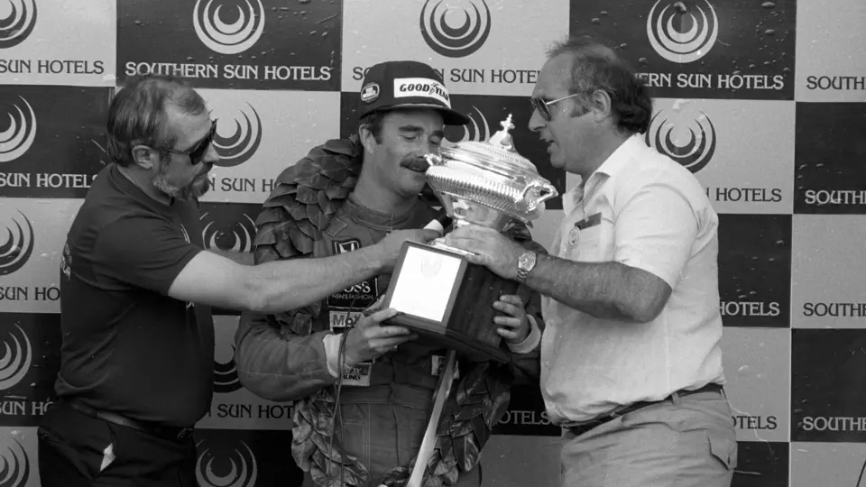South African Grand Prix Kyalami 19th October 1985 
Podium, Nigel Mansell Williams FW10 wins the race Keke Rosberg Williams FW10 is 2nd and Alain Prost Mclaren MP4/2b 3rd
© Formula One Pictures / Picture by John Townsend.  jt@f1pictures.com www.f1pictures.com.
