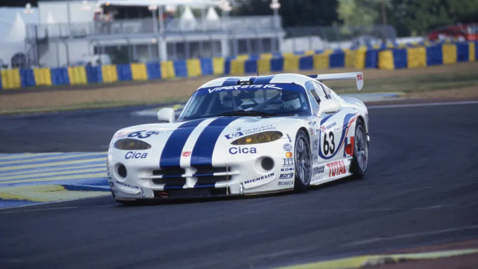 Exiting the Ford Chicane at the 1997 24 Hours of Le Mans, this Viper GTS-R completed 278 laps by the close of the race.