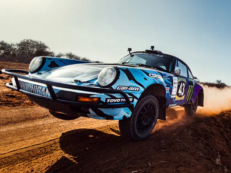 The Tuthill-prepared Porsche 911 SC 'Safari' on the 2022 East African Safari Classic, driven by Ken Block.