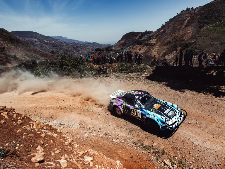 The Tuthill-prepared Porsche 911 SC 'Safari' on the 2022 East African Safari Classic, driven by Ken Block.