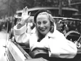 French actress, Michèle Morgan, behind the wheel of 800735 at the start of the Paris-Anet Automobile Rally on July 11, 1948.