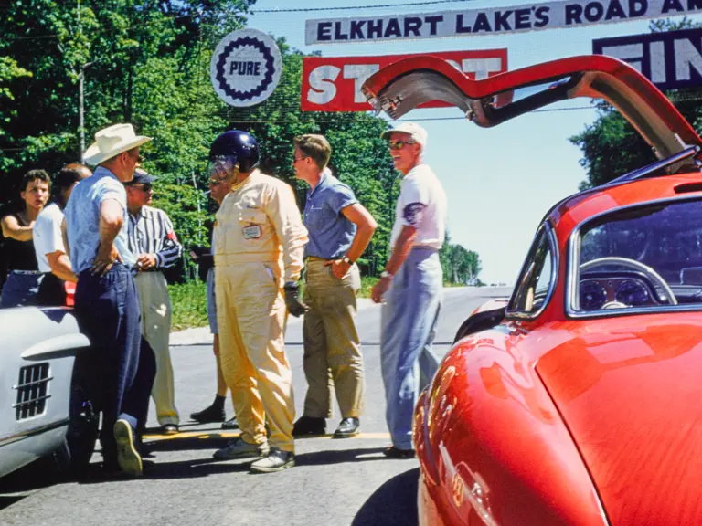 Chuck Wallace's 300 SL Gullwing awaits the start of the Class D&E Production race at the 1956 Road America National Championships.