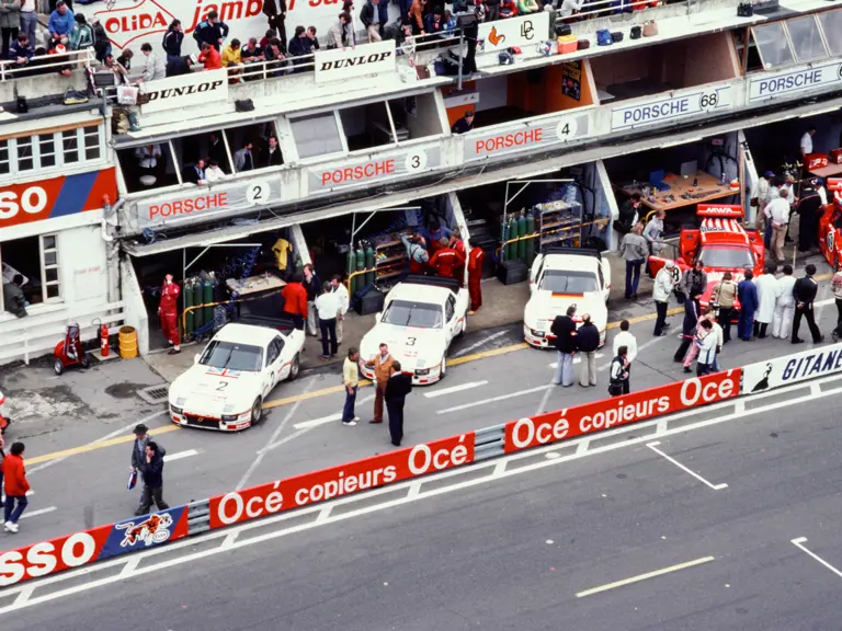 The Porsche 924 team at the 1980 24 Hours of Le Mans. #2 driven by Andy Rouse and Tony Dron, #3 (Chassis no. 924003) driven by Derek Bell and Al Holbert, and #4 driven by Jürgen Barth and Manfred Schurti.