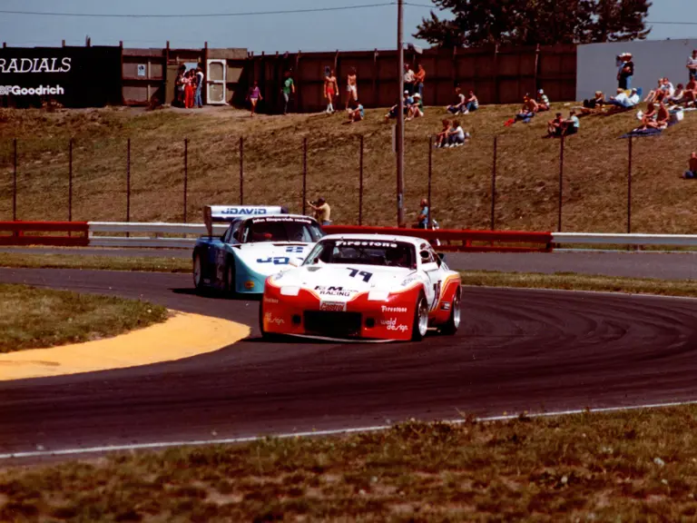 The Winters/Bergstrom Porsche 924 GTR leads the Porsche 935 of John Fitzpatrick Racing in the 1983 3 Hours of Portland.
