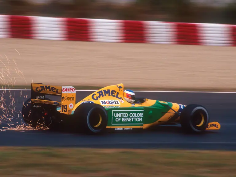Michael Schumacher en route to a second place finish at the 1992 Spanish Grand Prix.