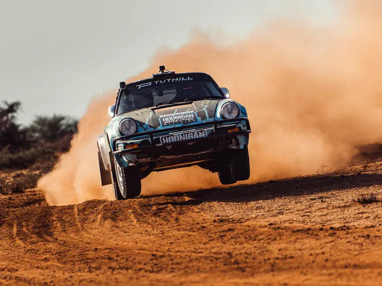 The Tuthill-prepared Porsche 911 SC 'Safari' on the 2022 East African Safari Classic, driven by Ken Block.