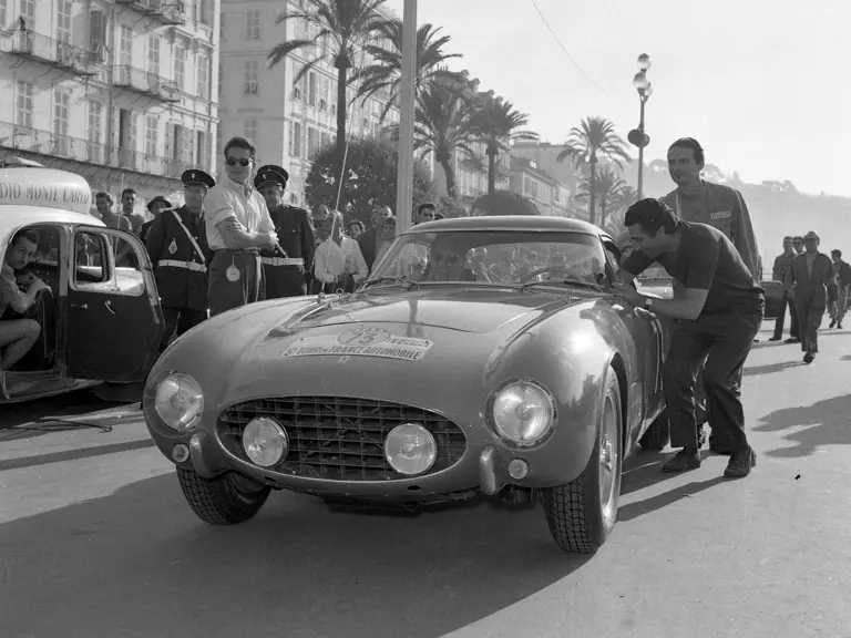 Chassis 0557 GT photographed at a checkpoint, likely in the south of France, during the 1956 Tour de France.