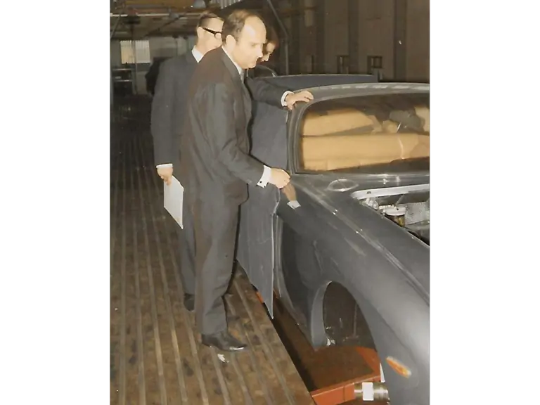 The current owner of the 400 GT inspects the production line at the Lamborghini factory in 1967.