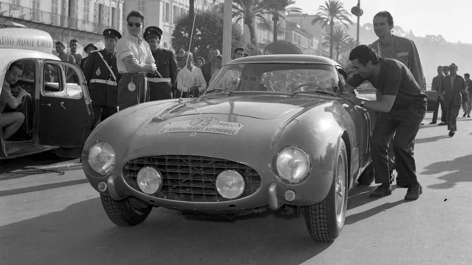 Chassis 0557 GT photographed at a checkpoint, likely in the south of France, during the 1956 Tour de France.