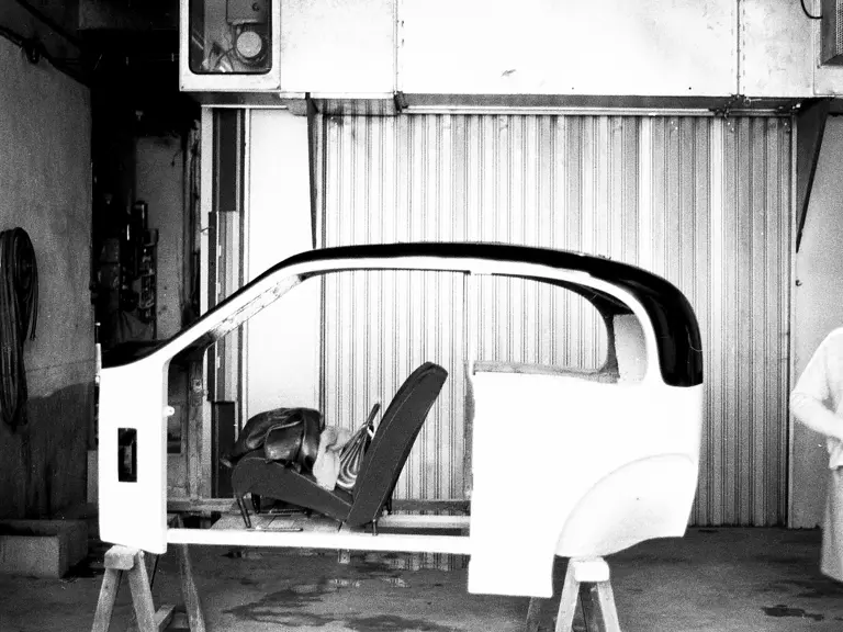 The Bugatti’s body is pictured within the coachbuilder Jean-Paul Monceau’s workshop.