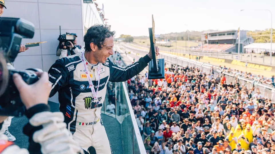Rossi beams on the 2025 Bathurst 12 Hour podium, having recovered from 12th to finish 2nd.