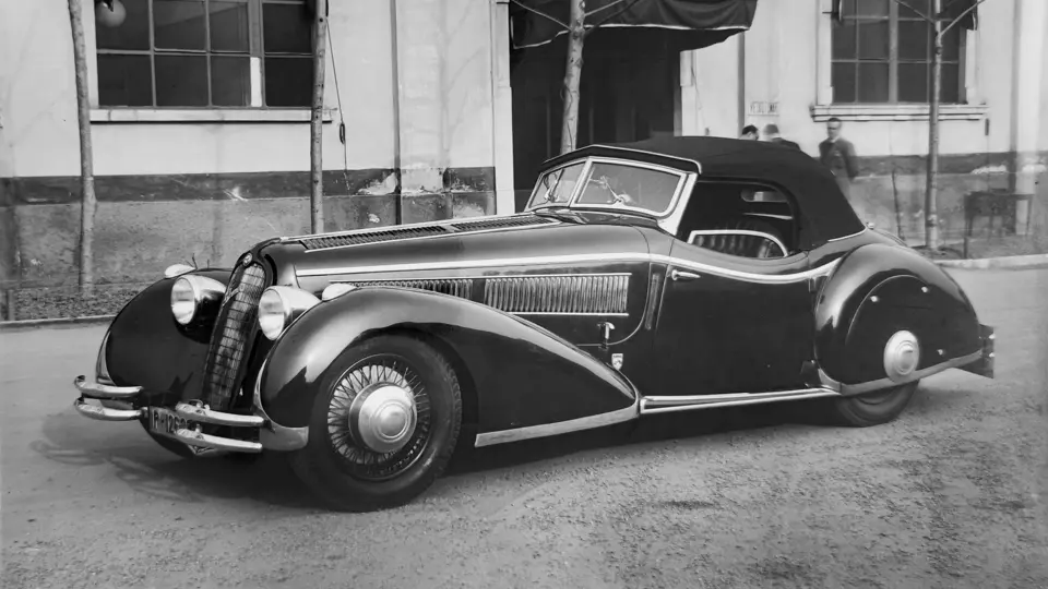 Chassis 412011 is pictured in at Alfa Romeo’s Portello factory in March 1938, then wearing its distinguishable Nowack coachwork.