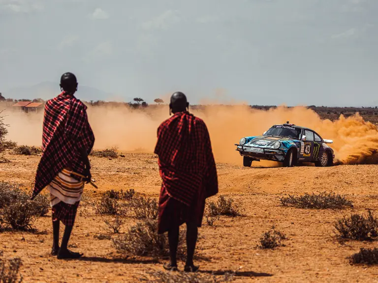 The Tuthill-prepared Porsche 911 SC 'Safari' on the 2022 East African Safari Classic, driven by Ken Block.