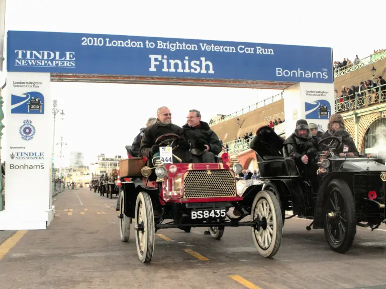 The Rambler crosses the Madeira Drive finish line at the 2010 London to Brighton Veteran Car Run.