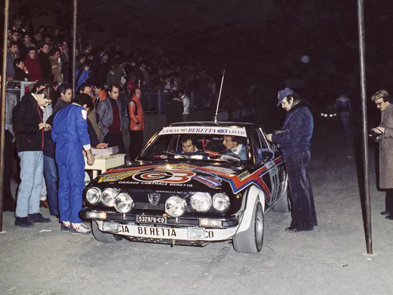 Roberto Beretta pulls up to a check point at the 1980 Rally Citta Modena.
