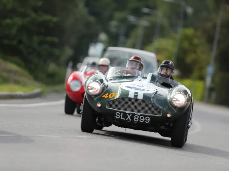 The Aston Martin is pictured participating in the 2018 Mille Miglia.