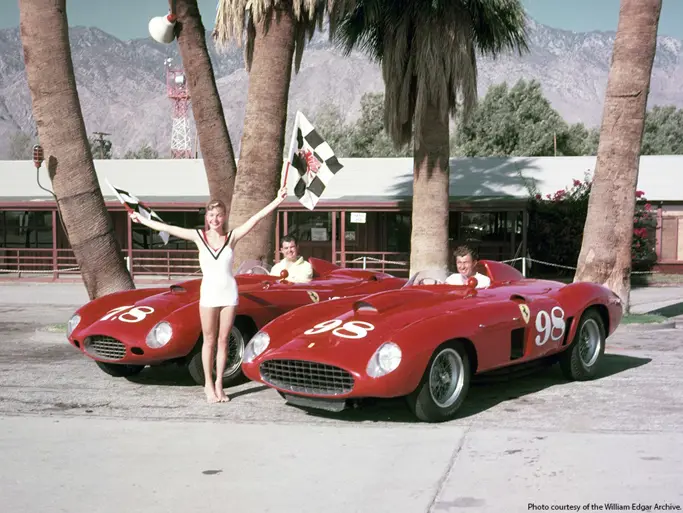 Historical Photo of the 1955 Ferrari 410 Sport Spider by Scaglietti (right) offered at RM Sothebys Monterey live auction 2022