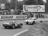 The #1 Corvette is pursued by the eventual race-winning #11 Ferrari TR59 of Olivier Gendebien and Paul Frère.