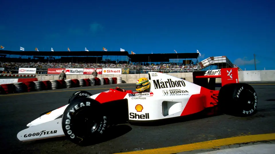 Ayrton Senna behind the wheel of the MP4/6 at the 1991 Brazilian Grand Prix.