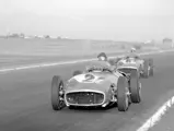 Juan Manuel Fangio (#2), the eventual winner, leads Stirling Moss (#6) in the Formula Libre Buenos Aires Grand Prix, 30 January 1955. For this race, these W 196 R racing cars were equipped with 3-liter engines from the 300 SLR (W 196 S).