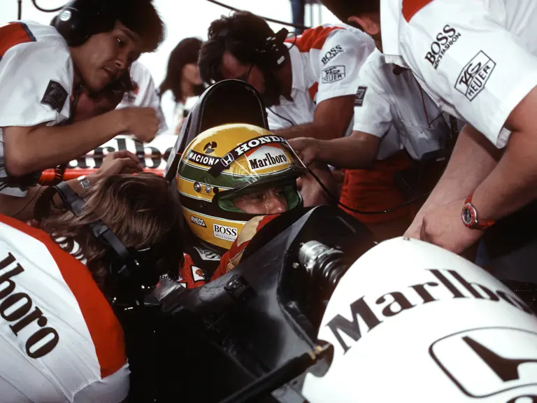 Ayrton Senna sitting in chassis number MP4/6/1 just prior to the 1991 Brazilian Grand Prix.