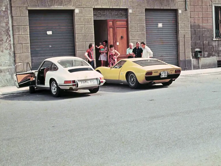The Miura as seen in Cremona, Italy with Mrs. Weber’s family and Mr. Weber’s Porsche 911, circa 1975.