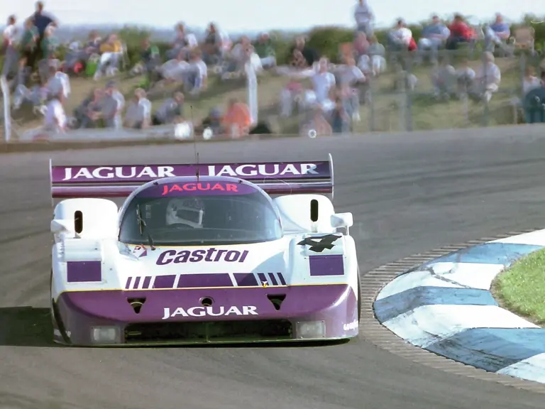 Andy Wallace and Jan Lammers drive No.4 at the 1990 Donington World Sports Prototype Championships.