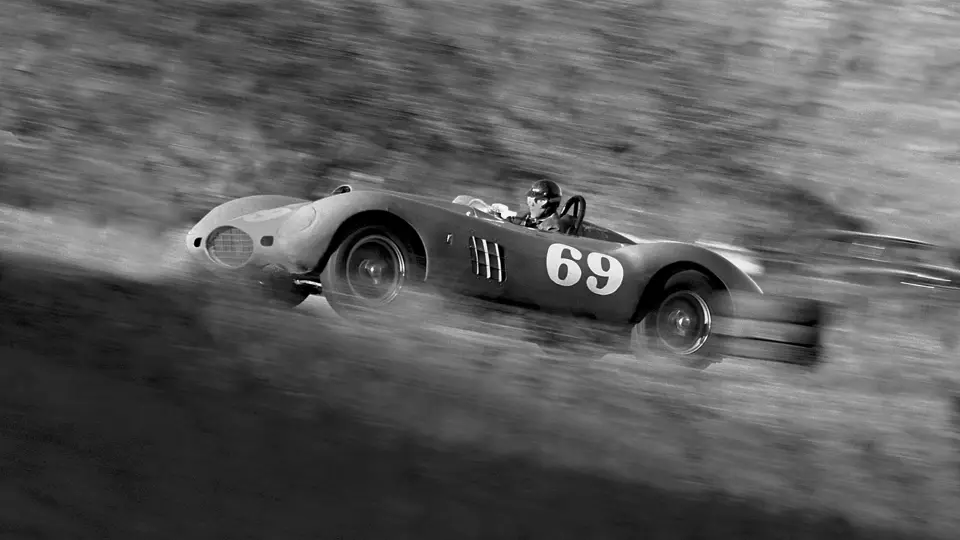 Dan Gurney, behind the wheel of chassis no. 0478 AM, at Paramount Ranch during the main event race. Gurney took 1st overall at the race, held on 8 December 1957.