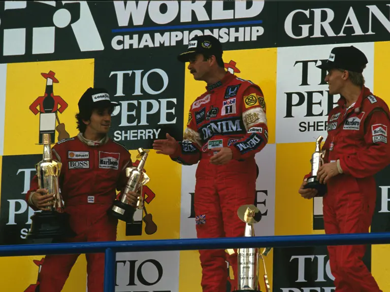 Spanish Grand Prix, Jerez, Spain 1987
Podium Nigel Mansell Williams FW 11B  wins the race, Alain Prost Mclaren MP4/3  is 2nd and Stefan Johansson Mclaren MP4/3  3rd
© Formula One Pictures / Picture by John Townsend. Office tele (+36)26 322 826 Hungarian mobile (+36) 70 776 9682. UK Mobile +44 7747 862606 www.f1pictures.com.
Vat Number 221 9053 92
 
