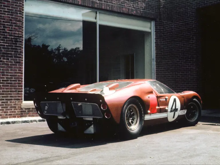 P/1032 at Luigi Chinetti’s Ferrari dealership in Greenwich, Connecticut, following the 1966 24 Hours of Le Mans. Photo taken in the summer of 1966, prior to P/1032’s return to Europe for display at auto shows. Note that the green DayGlo patches as used during Le Mans, which were prone to fading, had already been refinished in red.