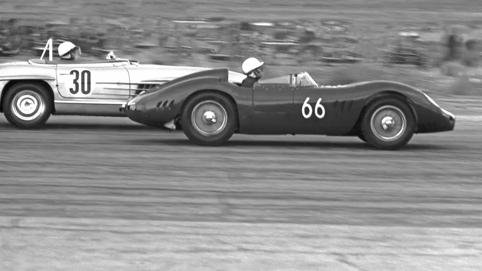 Chassis no. 2425 (#66), driven by Jim Hall, passes a Mercedes-Benz 300 SL Roadster (#30), driven by Paul O'Shea, at the SCCA national event at Palm Springs, 3 November 1957. Chassis no. 2425 (#66), driven by Jim Hall, passes a Mercedes-Benz 300 SL Roadster (#30), driven by Paul O'Shea, at the SCCA national event at Palm Springs, 3 November 1957.