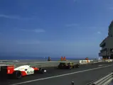 Ayrton Senna leads Alain Prost during the 1986 Monaco Grand Prix.