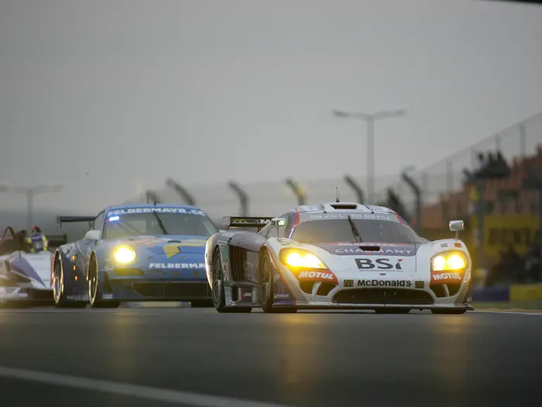 The Labre Competition Saleen S7-R is followed by a Porsche 911 GT3 RS and WR LMP 2008 during the 2010 24 Hours of Le Mans.