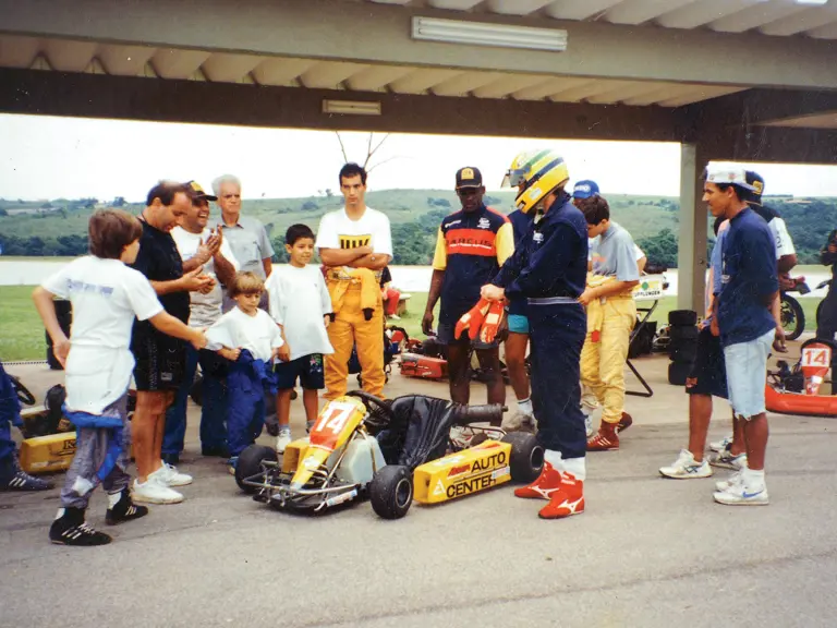 Senna and friends pictured shortly before his drive with the kart in March of 1994.