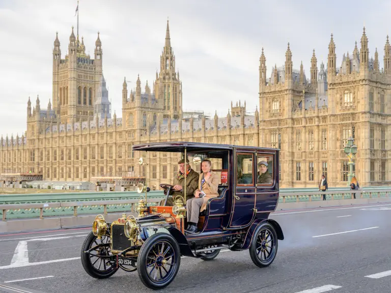 The Talbot crosses Westminster Bridge near the start of the 2021 London to Brighton Veteran Car Run.