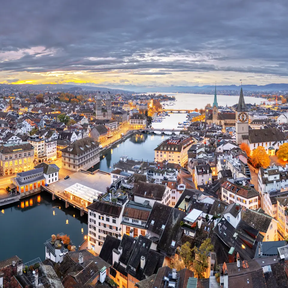 Zurich, Switzerland old town skyline over the Limmat River on an autumn morning.