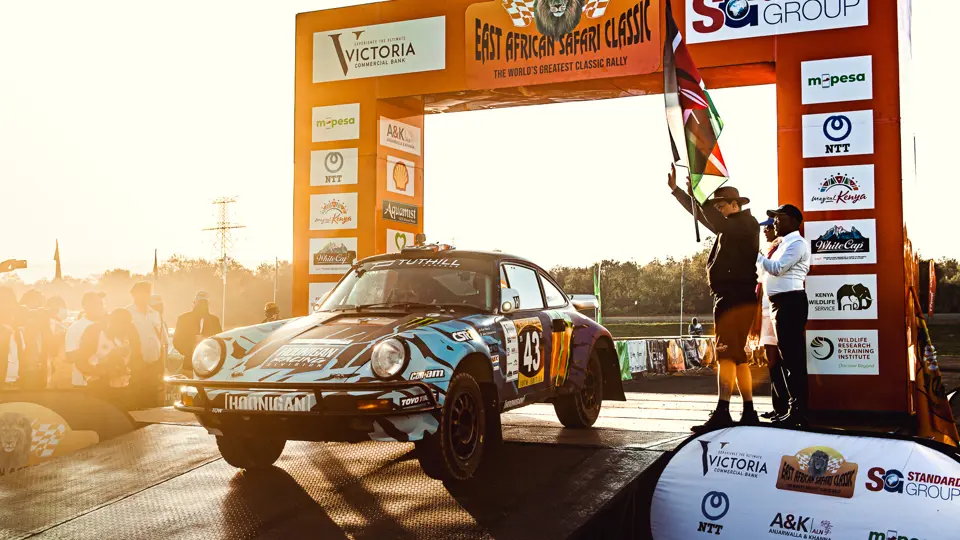 The Tuthill-prepared Porsche 911 SC 'Safari' on the 2022 East African Safari Classic, driven by Ken Block.