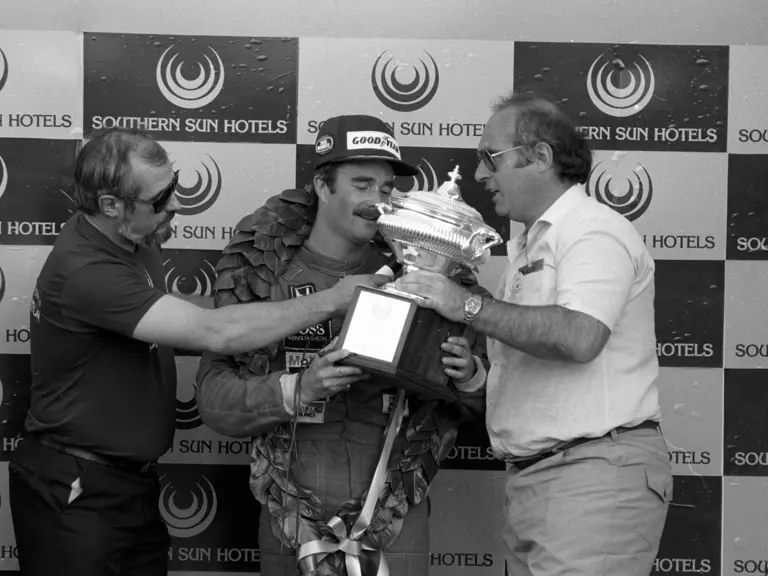 South African Grand Prix Kyalami 19th October 1985 
Podium, Nigel Mansell Williams FW10 wins the race Keke Rosberg Williams FW10 is 2nd and Alain Prost Mclaren MP4/2b 3rd
© Formula One Pictures / Picture by John Townsend.  jt@f1pictures.com www.f1pictures.com.

