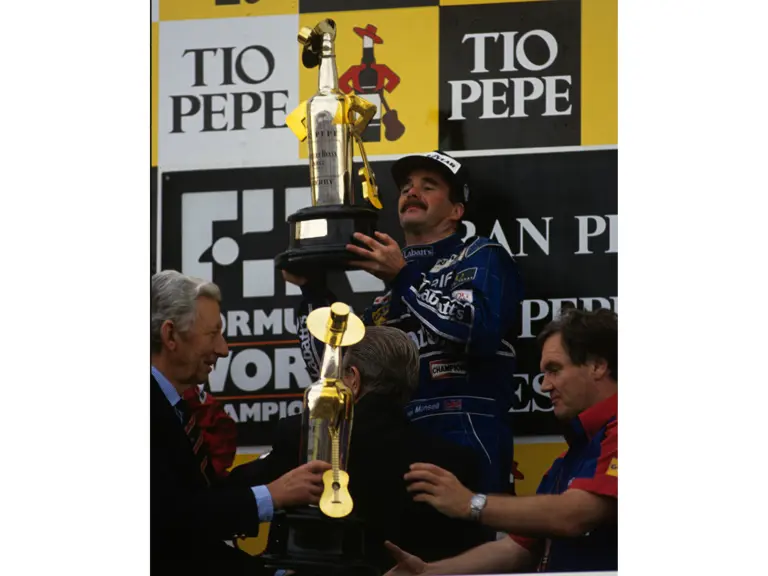 Spanish Grand Prix, Circiut de Cataluya Barcelona, Spain. 1991 
Podium Nigel Mansell Williams FW 14 wins the race, Alain Prost Ferrari 642  is 2nd and Riccardo Patrese Williams FW14 is 3rd
© Formula One Pictures / Picture by John Townsend.  jt@f1pictures.com www.f1pictures.com. Tel +36 70 776 9682 Vat No UK 221 9053 92.
 
