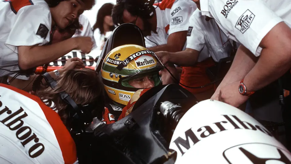 Ayrton Senna sitting in chassis number MP4/6/1 just prior to the 1991 Brazilian Grand Prix.