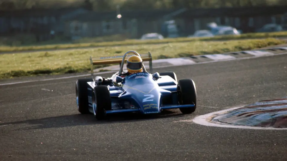 Ayrton Senna at speed in the Ralt RT3 during the British Formula 3 race at Thruxton in November 1982, where he finished first.
