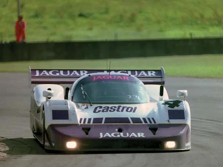 Andy Wallace and Jan Lammers drive No.4 at the 1990 Donington World Sports Prototype Championships.