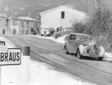 Exiting the famous Col de Braus stage of the 1953 Monte Carlo Rallye, note the protective covers on the front wings of the Bentley.