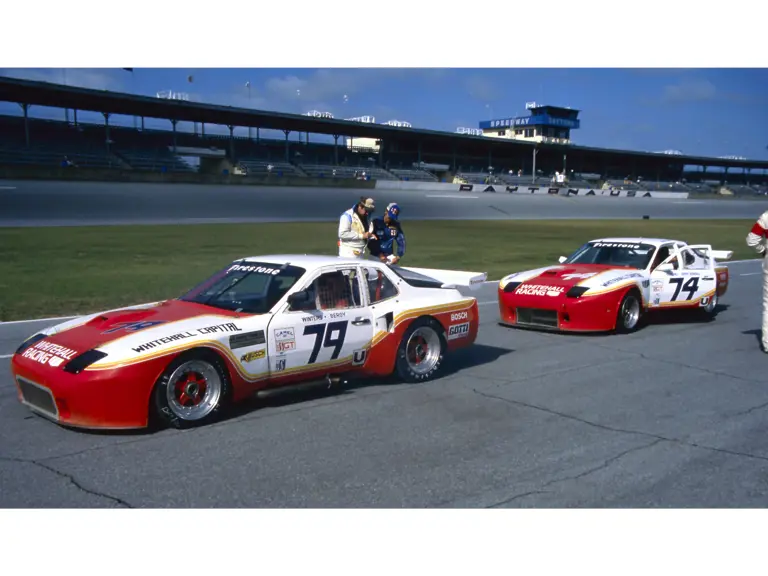 Both Whitehall Racing Porsche 924 GTRs pictured before the start of the 1984 24 Hours of Daytona. GTR006 is at the back, identifiable by its low-level door mirrors.